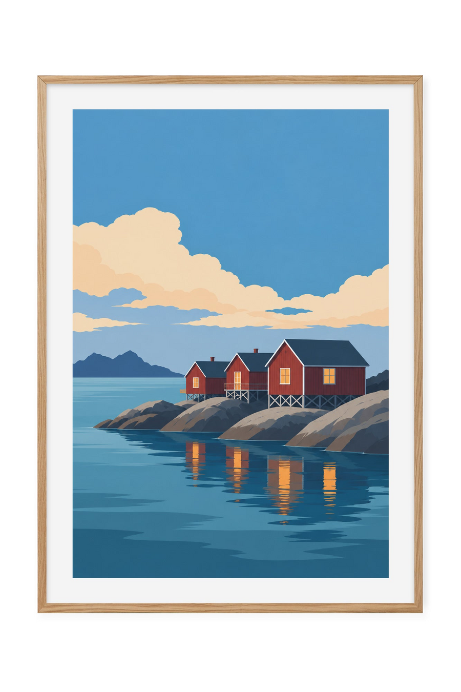 Rorbu i kveld – Lys over vannet