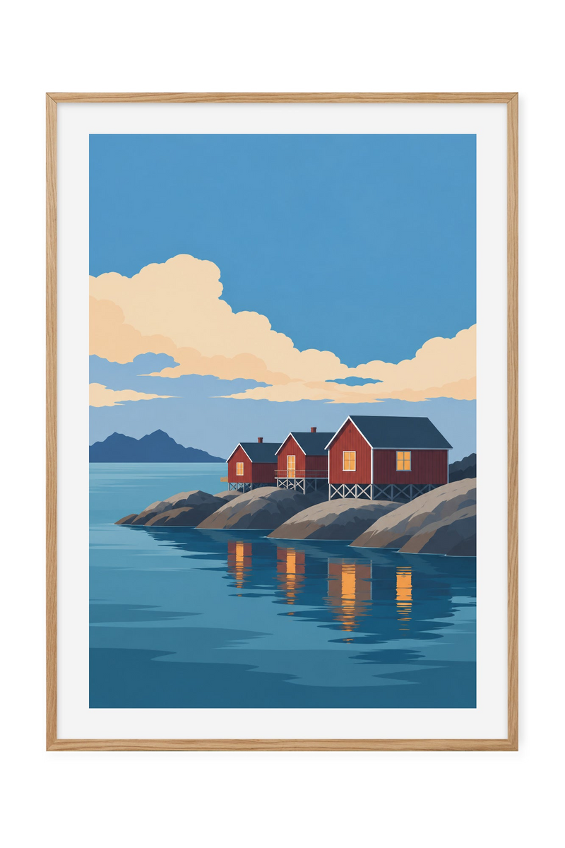 Rorbu i kveld – Lys over vannet